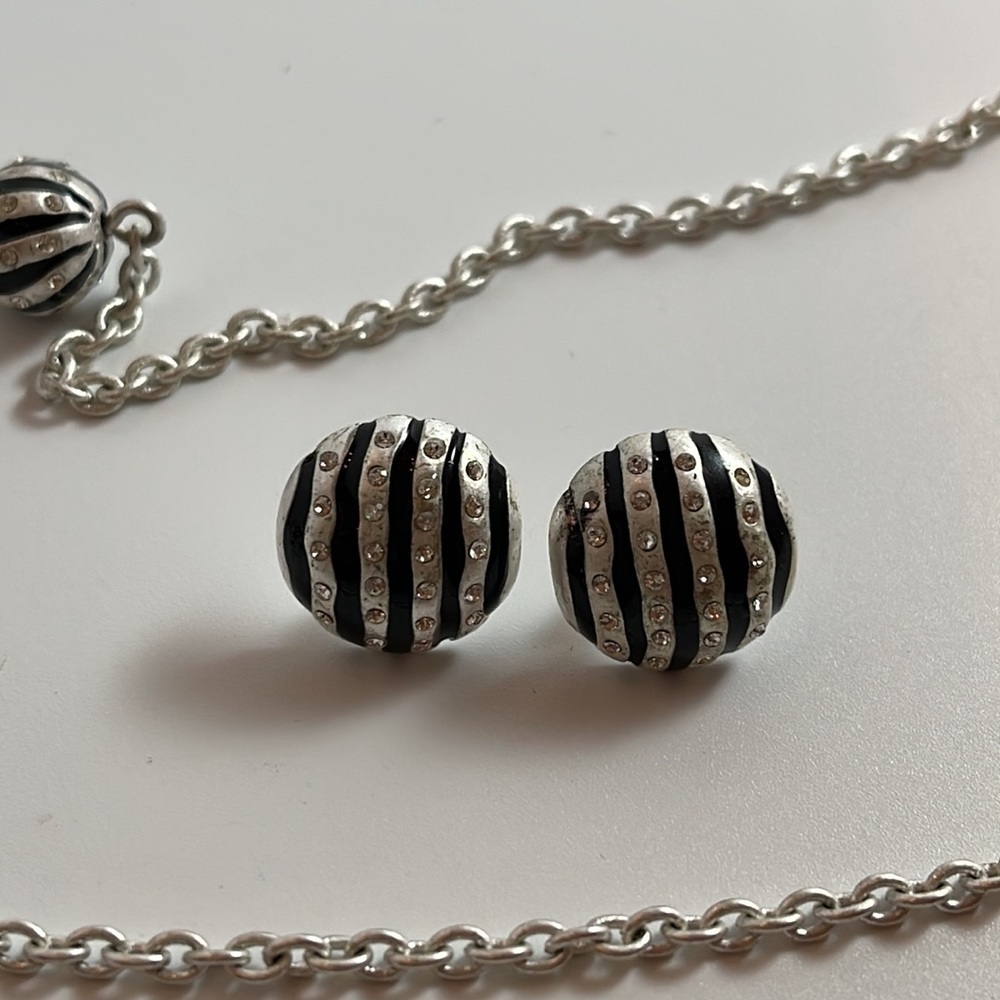 Baskin Brothers Silver Tone Chain Black Sphere Rhinestones Necklace w/ earrings - Picture 14 of 14